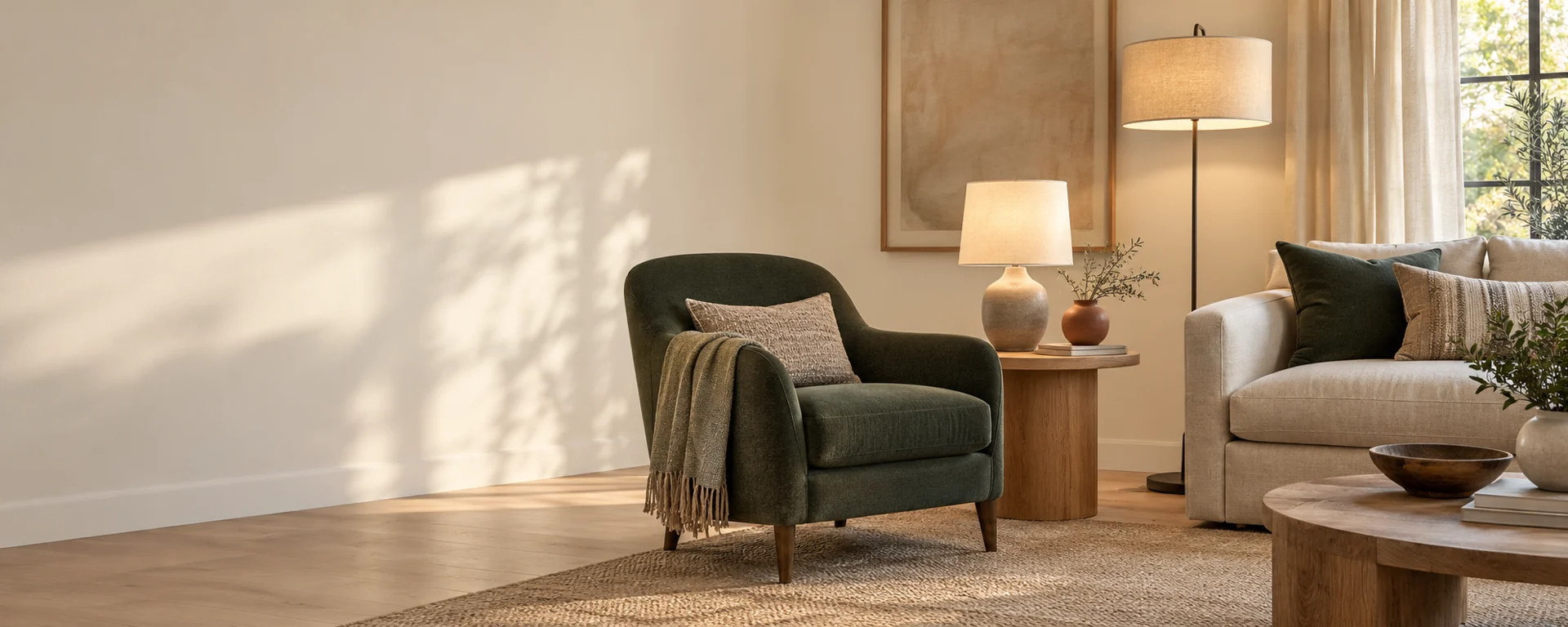 A calm living space with warm lighting and natural textures