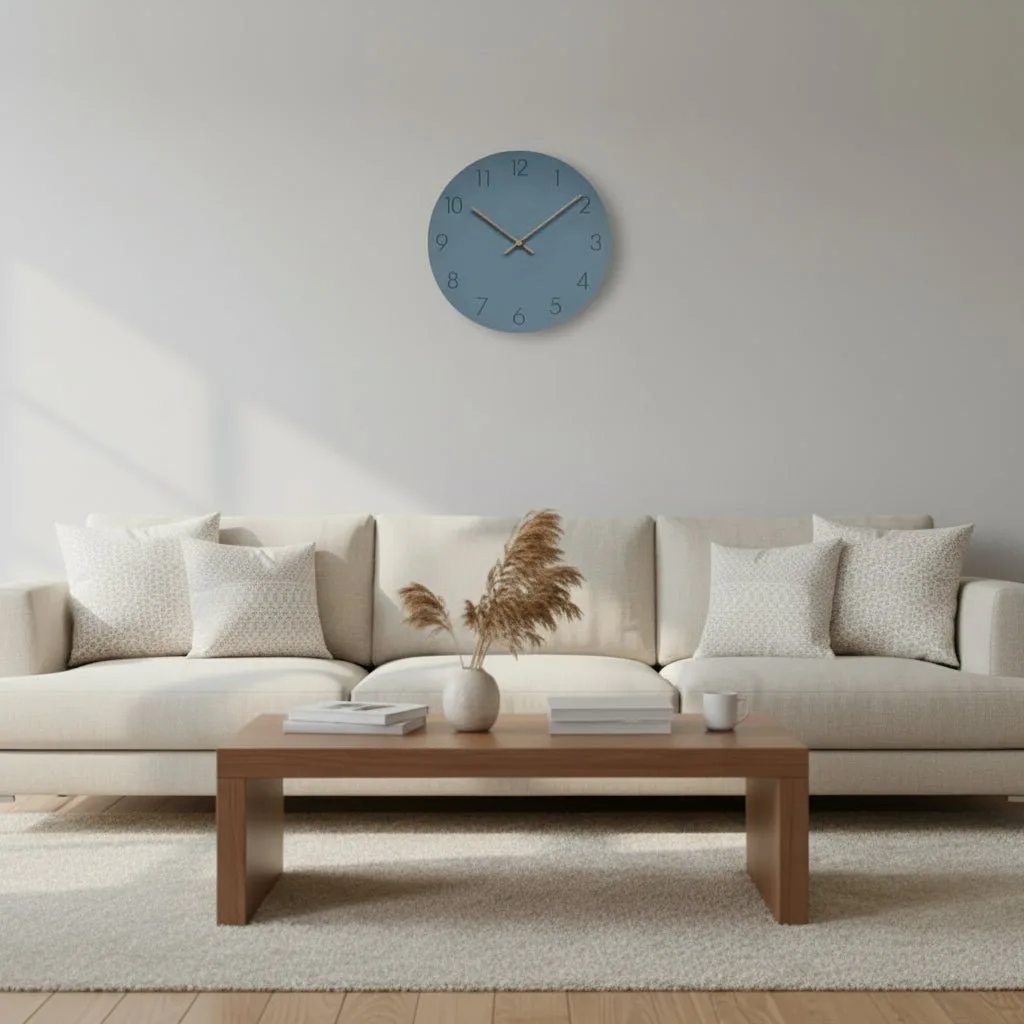 Blue wall clock above a sofa