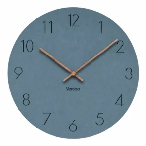 Vereba Round Wall Clock with Walnut Hands - Blue product photograph showing the physical Vereba branding.
