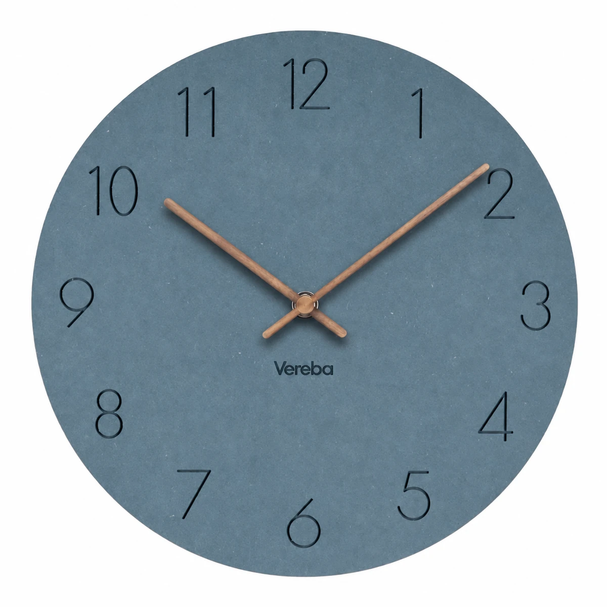 Vereba Round Wall Clock with Walnut Hands - Blue product photograph showing the physical Vereba branding.