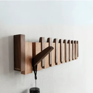 Vereba walnut and beech wall coat rack with eight fold-out hooks