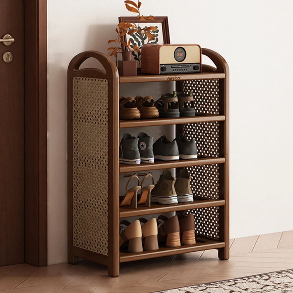 Vereba Woven Panel Shoe Rack - Walnut, 5 Tiers, 19.7 in product photograph showing the physical Vereba branding.