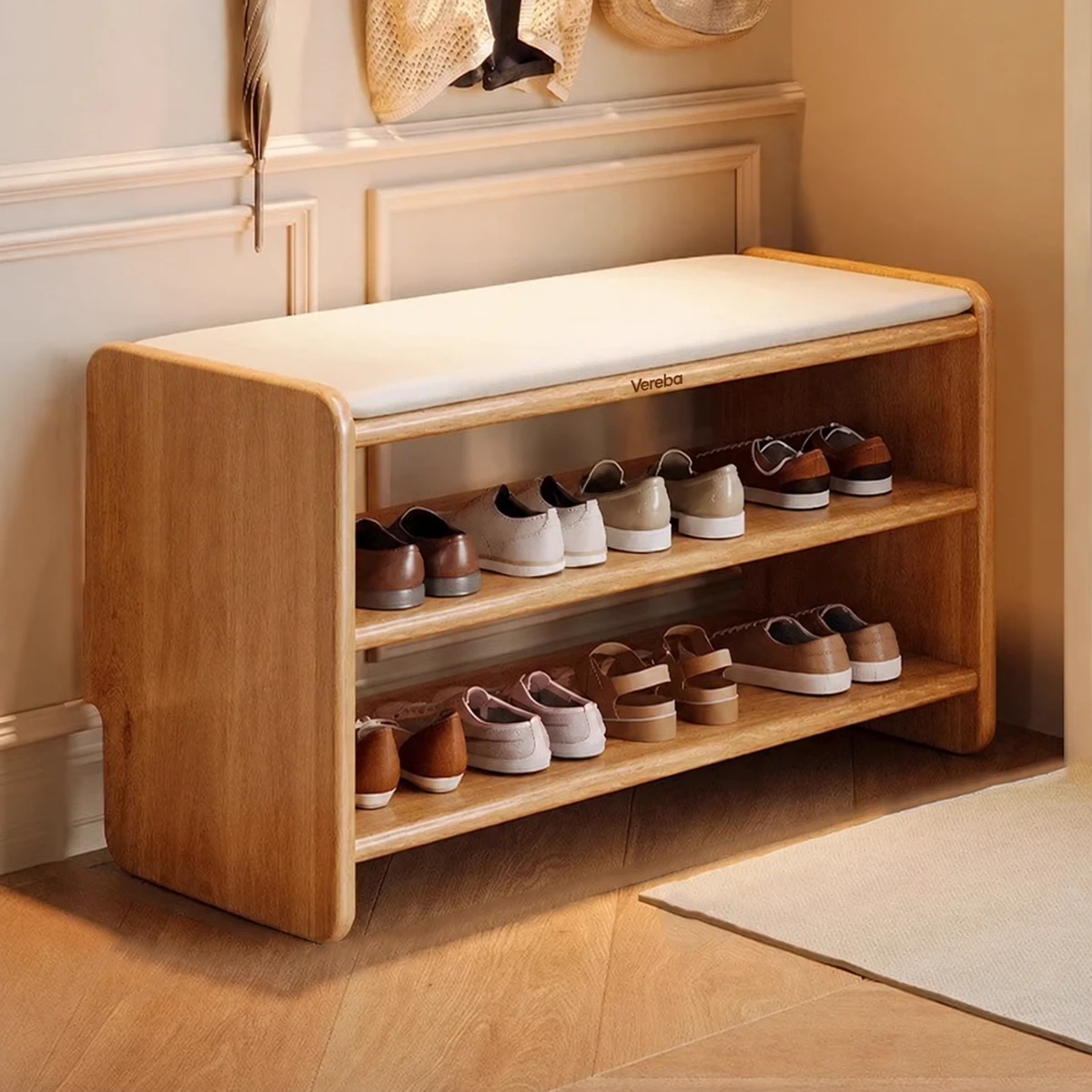 Vereba Cushioned Wood Shoe Bench - Natural Wood, 23.6 in product photograph showing the physical Vereba branding.
