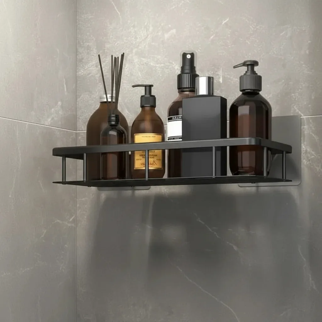 Black single shelf holding toiletries; bottles not included