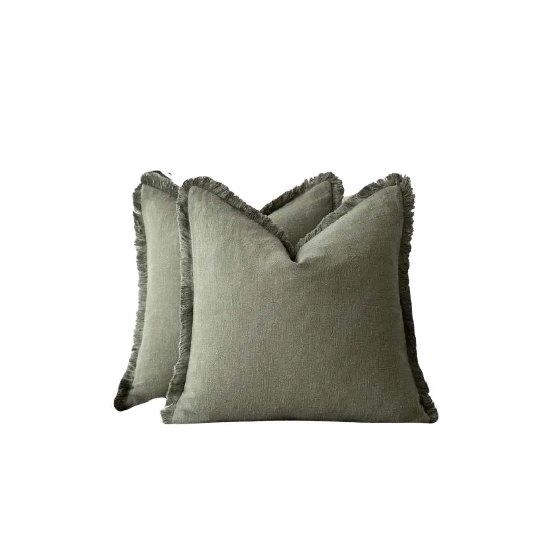 Two square olive green cushion covers; inserts not included