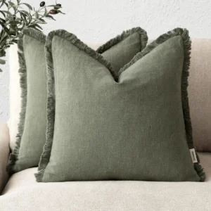 Vereba Fringed Cotton Linen Cushion Covers - Set of 2 - Olive Green, 17.7 in product photograph showing the physical Vereba branding.