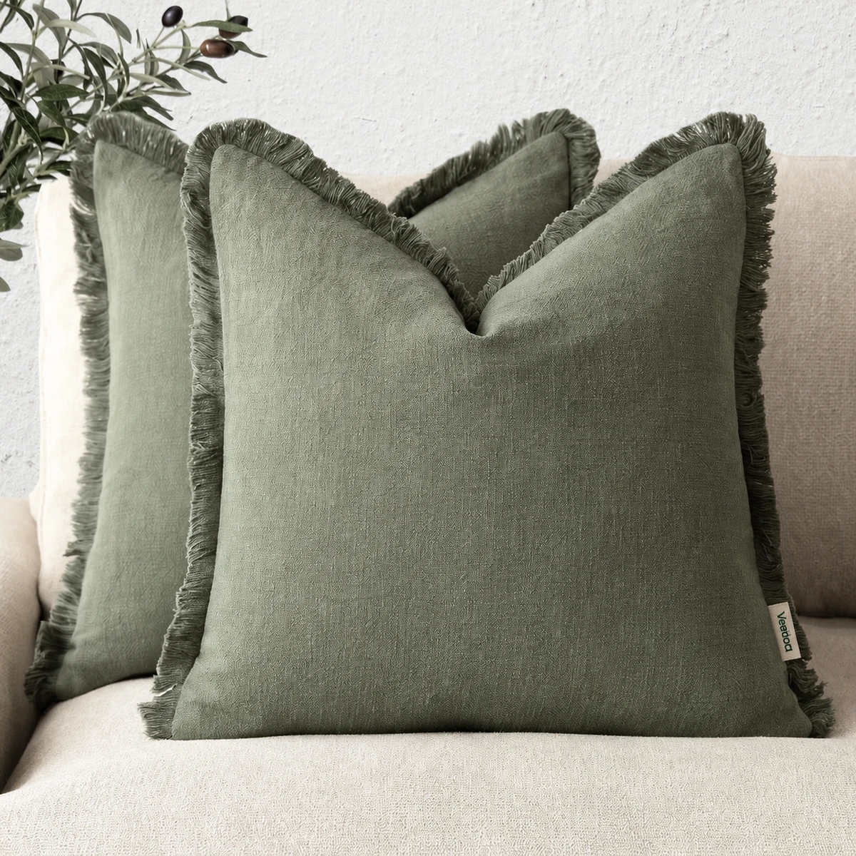 Vereba Fringed Cotton Linen Cushion Covers - Set of 2 - Olive Green, 17.7 in product photograph showing the physical Vereba branding.