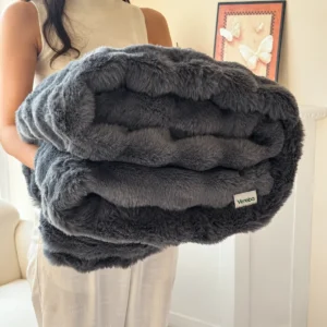 Vereba Faux Fur Throw Blanket - Gray, 27.6 × 39.4 in product photograph showing the physical Vereba branding.