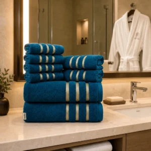 Vereba Gold Stripe Towel Set - 8 Pieces - Teal product photograph showing the physical Vereba branding.