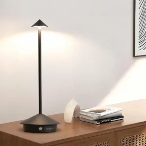 Vereba black cone rechargeable table lamp with a slim stem and round base.